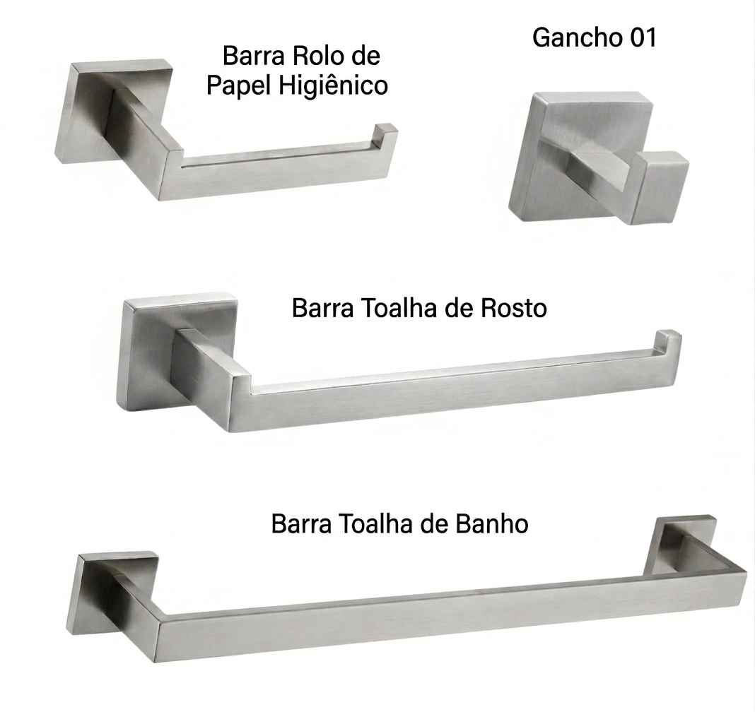 Kit Banheiro Aço Inox Elegance Com Suporte De Toalha De Banho Rosto E Papel Higiênico