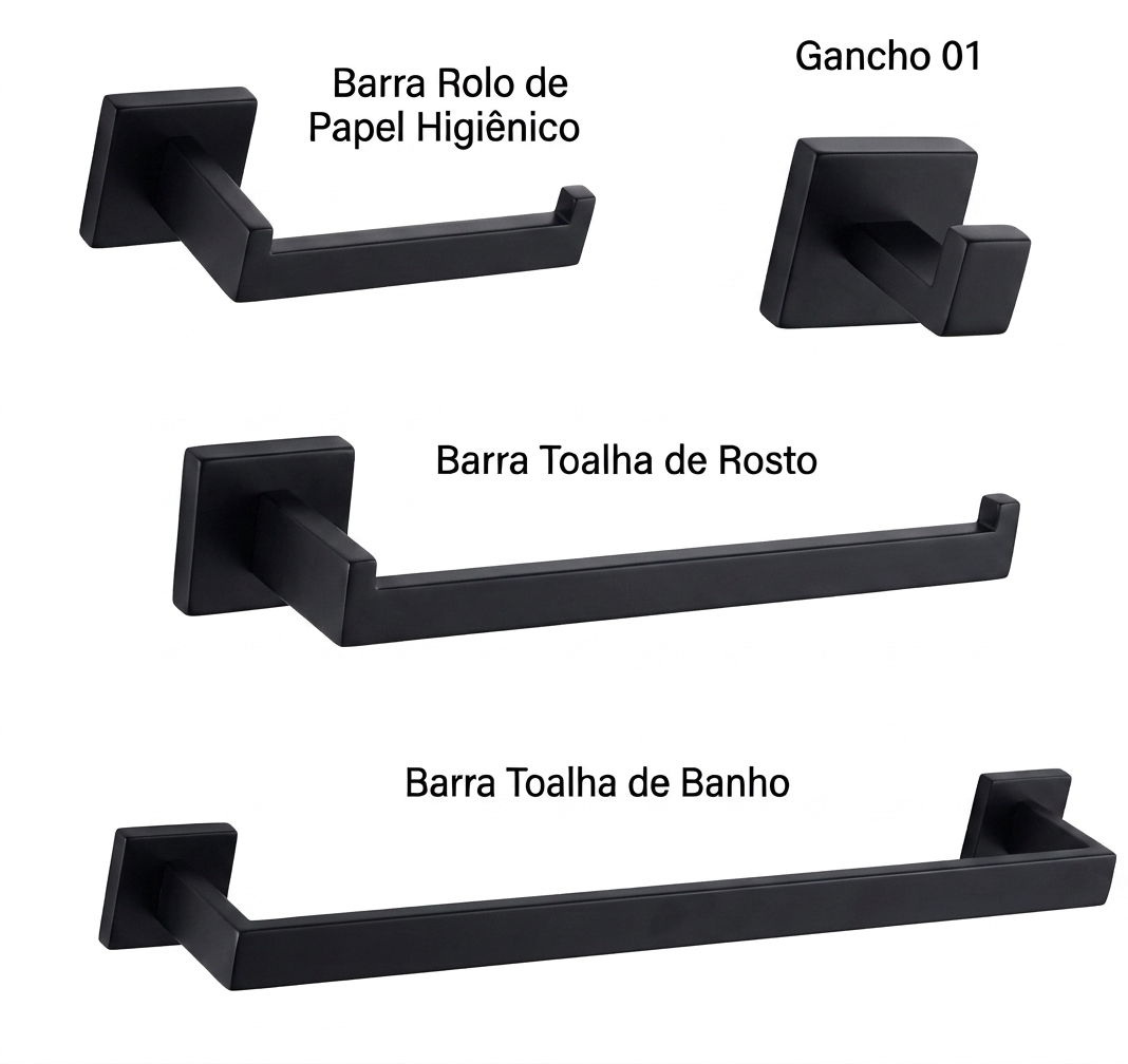 Kit Banheiro Aço Inox Elegance Com Suporte De Toalhas De Banho Rosto E Papel Higiênico Acabamento Preto Fosco Black
